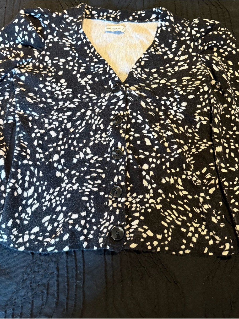 Nine West Black & Cream Print Cardigan, Puff Shoulder, Size S